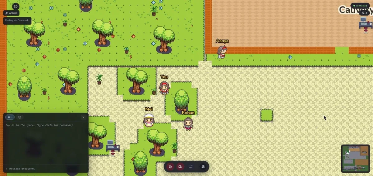 Inside the campus: nearby people are the ones you can hear, with chat and media controls to hand